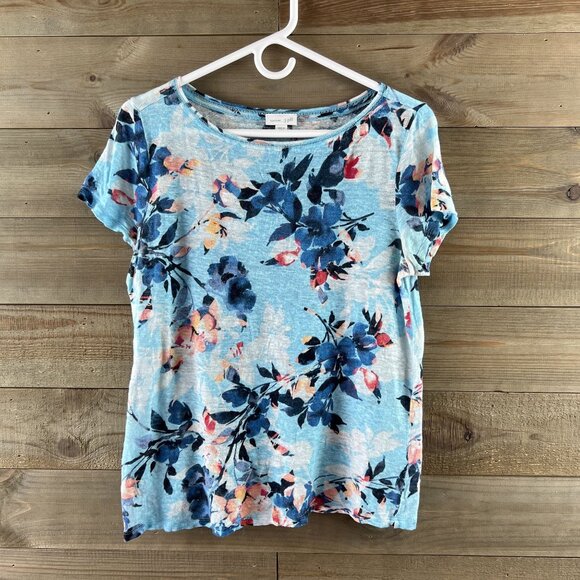 J Jill Love Linen Women Shirt Short Sleeve Floral Print Linen Blue Size Small - Picture 1 of 7